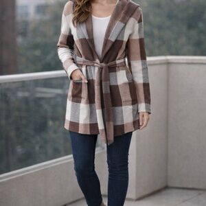 Joie Plaid Hooded Wrap Cardigan Sweater-Joie EUC Sz S Brown White Cozy Cabincore